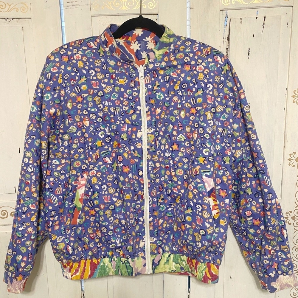 VTG 80s Reversible Bomber Jacket Ocean Themed Size Large Vibrant Rare EUC USA - Picture 2 of 15